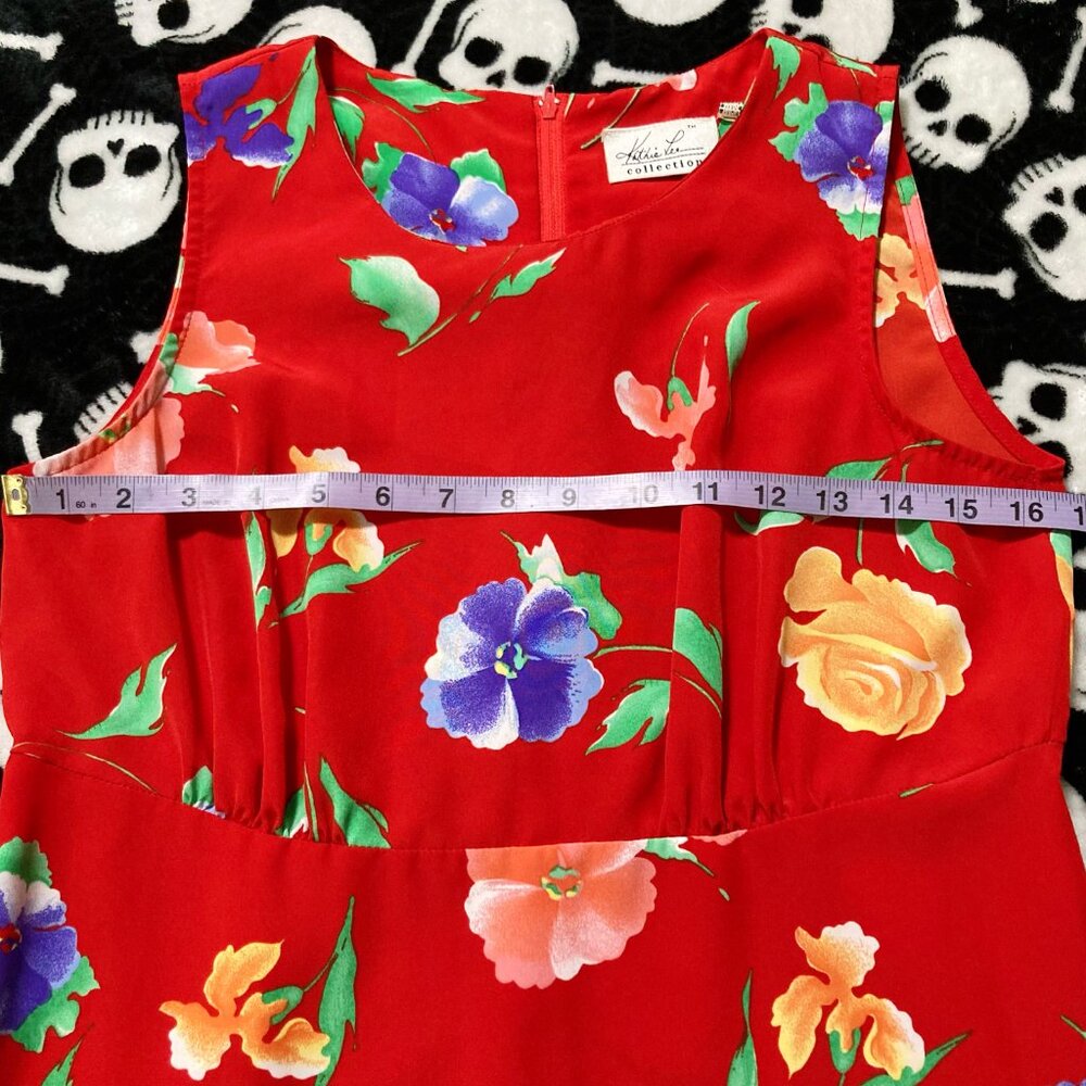 KATHIE LEE Red floral print long dress ~ Vintage SMALL MEDIUM maxi sundress - Picture 7 of 15